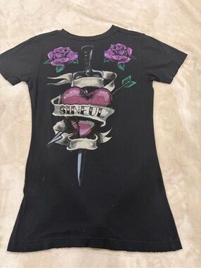 Sinful Black Short Sleeve Tee with Purple Rose and Green Leaf Skull Graphic